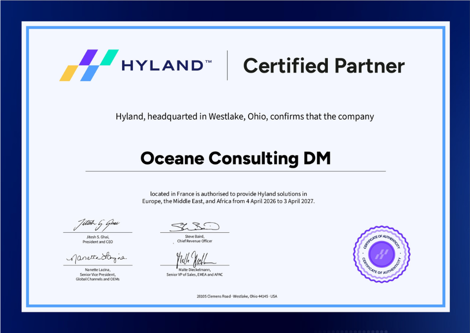 Certificat Hyland Certified Partner - Océane Consulting DM